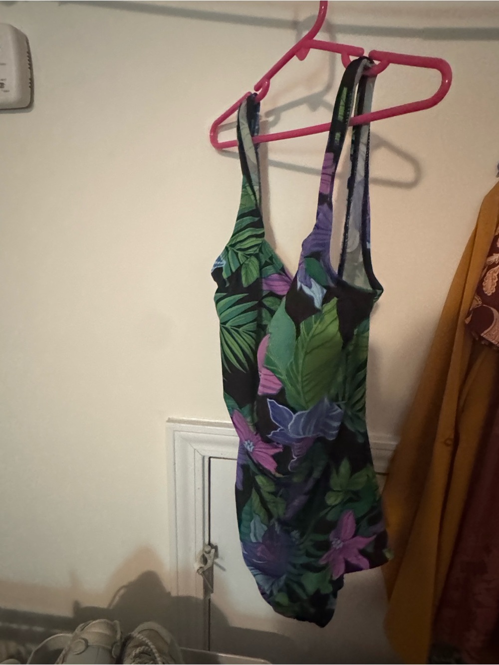 Woman Tropical Print One-Piece Swimsuit - Green & Purple